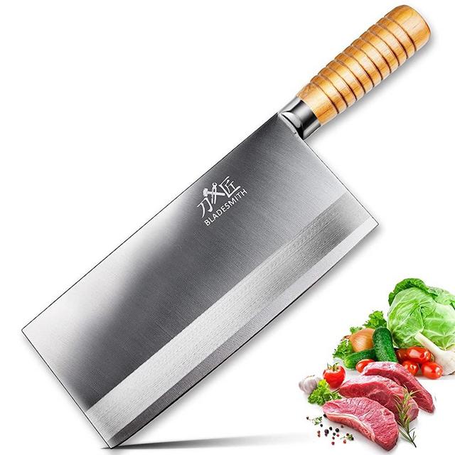 BLADESMITH Chinese Vegetable Cleaver, Kitchen Meat Cleaver - 8.5" Stainless Steel Chopping Knife for Meat Cutting - Safe Non-stick Coating Blade - Full Tang Anti-Slip Pear Wooden Handle
