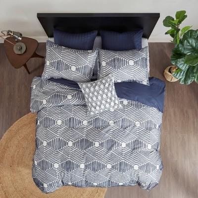 Full/Queen 3pc Ellipse Cotton Jacquard Duvet Cover Set Navy