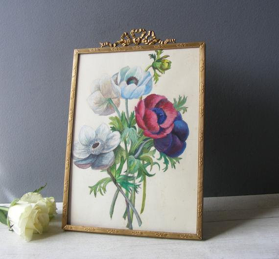 Antique Anemones Watercolor and Gouache ,in its brass Frame,Ribbon decor.