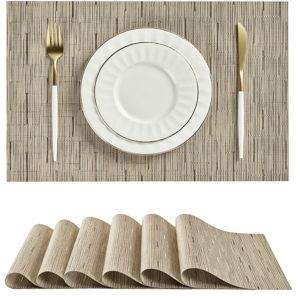 Leetaltree Light Brown Placemats Set of 6 - Heat Resistant Non-Slip Place mats for Dining Table, Washable Durable PVC Vinyl Woven Table Mats（Light Brown, 6）