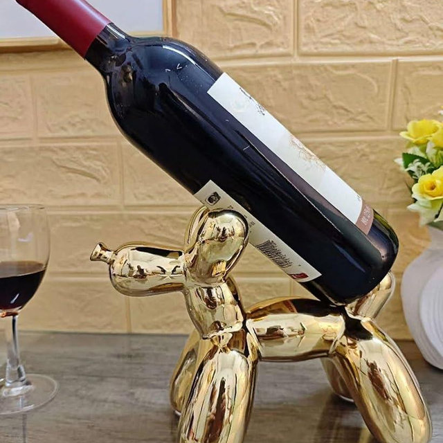 WE-CY artware Creative Balloon Dog Wine Bottle Holder Doubles as Standalone Statue Decor and Bookend for Dog Lovers,Modern Decoration for Kitchen,Living Room,and Bar,Ceramic,Metallic Chrome Gold