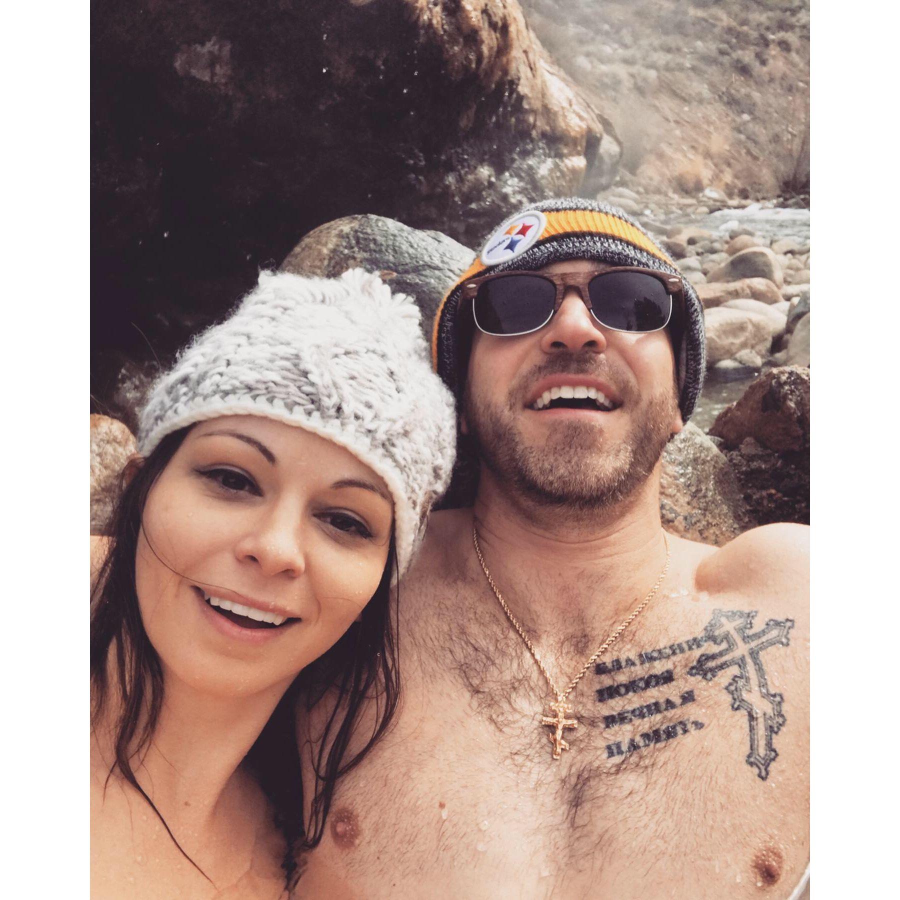 Taking a dip in our favorite natural hot spring, tucked away off the 395!