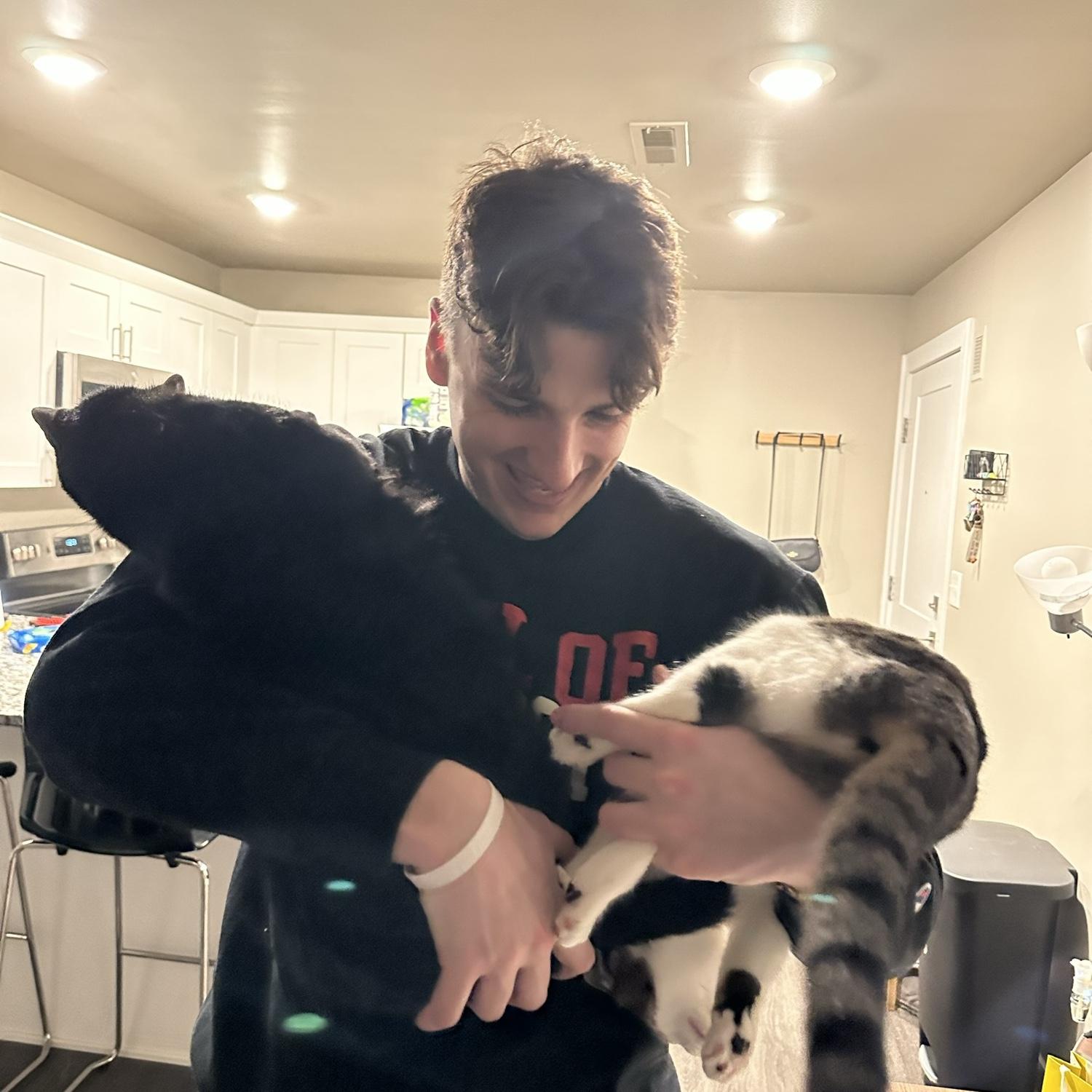 Biscuit and miss daisy goofing around in Logan’s arms