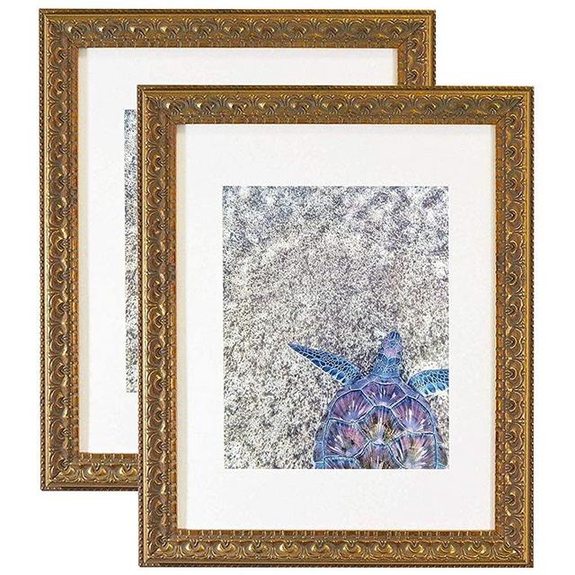 Golden State Art, Photo Frame with White Mat for Picture & Real Glass for Wall Display - Home or Office Classic Design (Ornate Bronze Gold, 11x14 Frame for 8x10 Picture, 2-Pack)