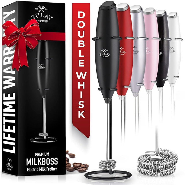 Zulay Double Whisk Milk Frother Handheld Mixer - High Powered Frother For Coffee With Improved Motor - Milk Frother Electric Whisk Drink Mixer For Cappuccino, Frappe, Matcha, Twin Whisk - Exec Black