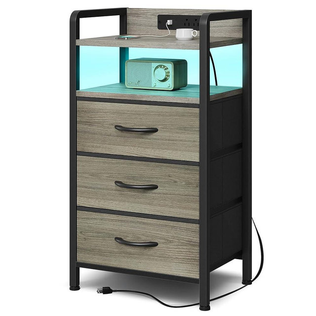Lazzanto Night Stand with Charger Station - Grey Nightstand with LED Light Strip, Morden Bedside Table with USB Ports & AC Outlets, End Table with Storage Shelf & 3 Fabric Drawers