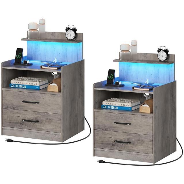 Diliplain Nightstand Set of 2 with Charging Station and LED Lights, Bedside Table with 2 Drawers and Open Storage Shelf, 2 USB Ports and 2 AC Outlets, LED Night Stands for Bedroom Set of 2, Grey