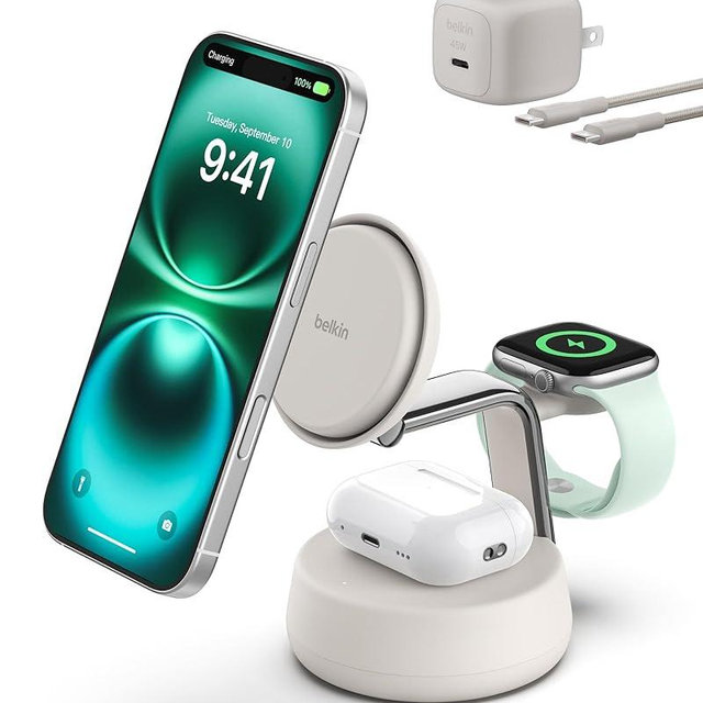 Belkin MagSafe Charger Compatible, 3-in-1 Charging Station, Qi2.2 25W w/Cooling Fan (On/Off Control) Magnetic Wireless Charger for iPhone 17, Apple Watch, AirPods, Pixel 10 (45W Adapter Included)