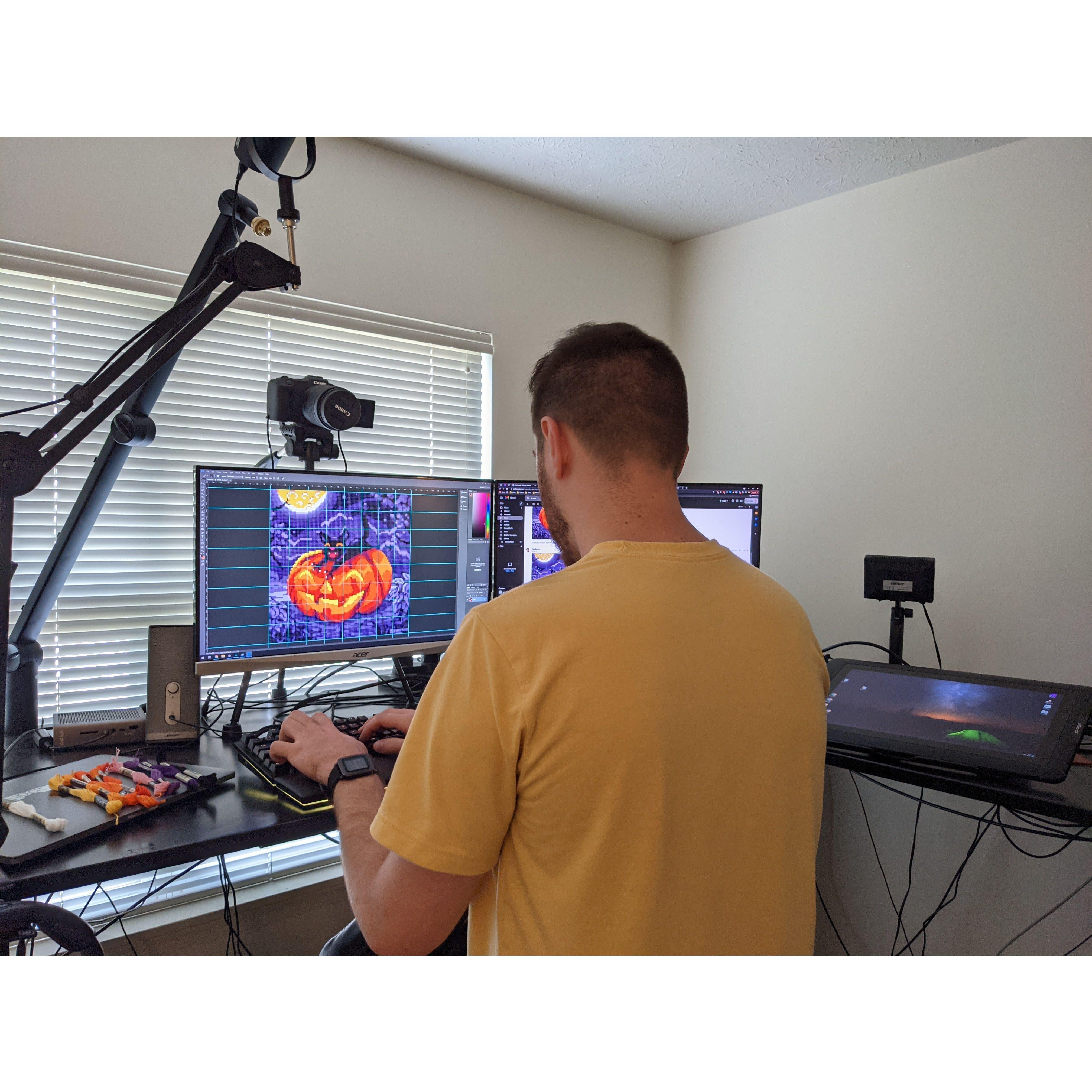 Zoe needed hobbies post trail so she started cross stitching again and Clay made a pattern for a project that he wanted in their future home