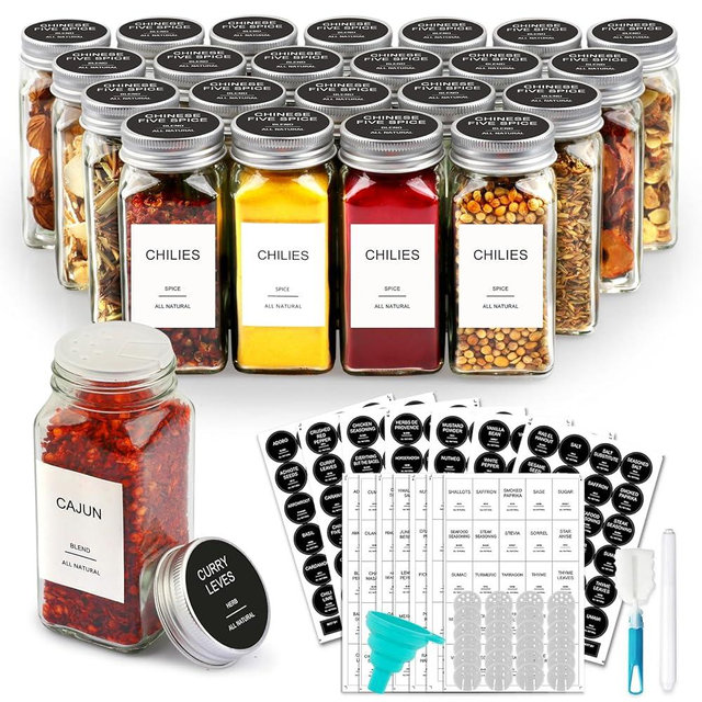 AISIPRIN 24 Pcs Glass Spice Jars with Labels, 4oz Small Empty Square Seasoning Containers Bottles - Shaker Lids, Funnel, Brush,469 Labels and Marker Included