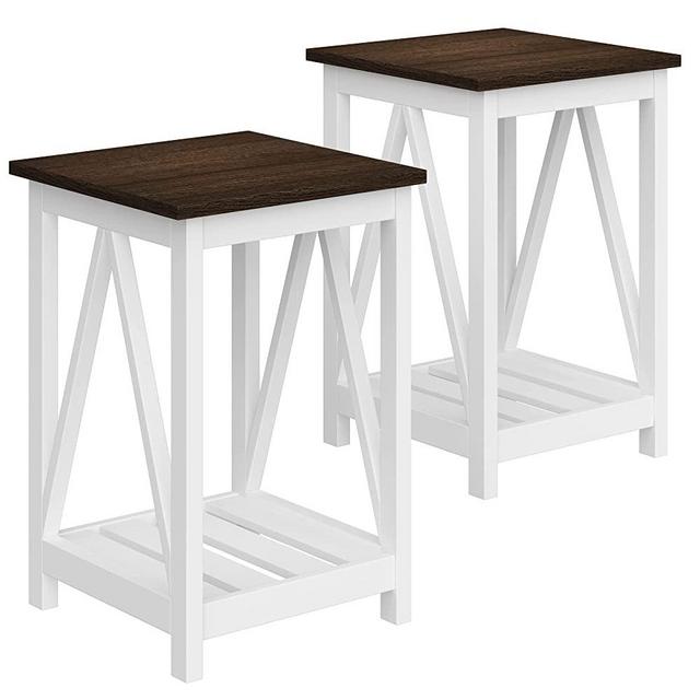 ChooChoo Farmhouse End Table, Rustic Vintage End Side Table with Storage Shelf for Small Spaces, Nightstand Sofa Table for Living Room, Bedroom White 2 Pack