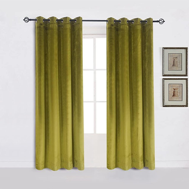 Cherry Home Super Soft Luxury Room Darkening Velvet Moss Green Thermal Blackout Curtain Panel Drapes Grommet Draperies Eyelet 52Wx63L inch Green Yellow,2 Panels
