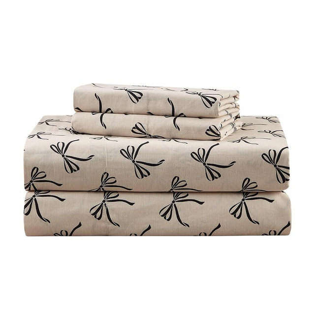 Comfort Spaces 100% Cotton Sheets King, Breathable, Naturally Cool Cotton Sheets, Soft Cotton Bed Sheets with 14" Elastic Pocket Fits up to 16" Mattress, All Seasons Sheet Set, Bow Black/Taupe 4 Piece