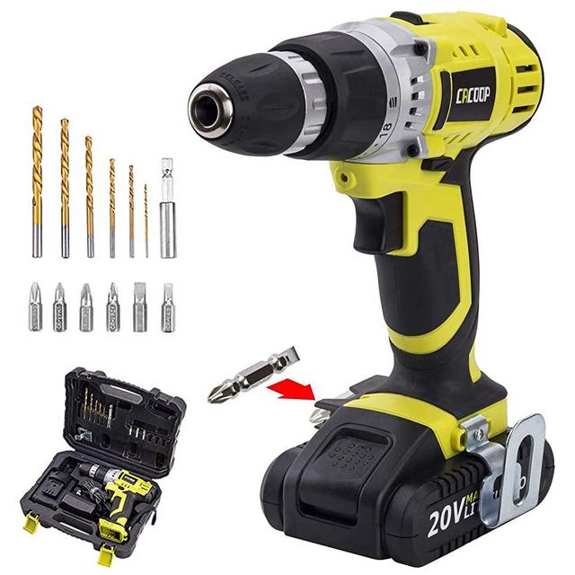 CACOOP CCD20001LBB 20V MAX 1.5 Ah Lithium-Ion Cordless Drill/Driver Set, With 1 20V Battery pack, 1 Rapid charger, 6 HSS wood drill bits, 6 Screwdriver bits, 1 Magnetic bit holder and 1 Belt hook