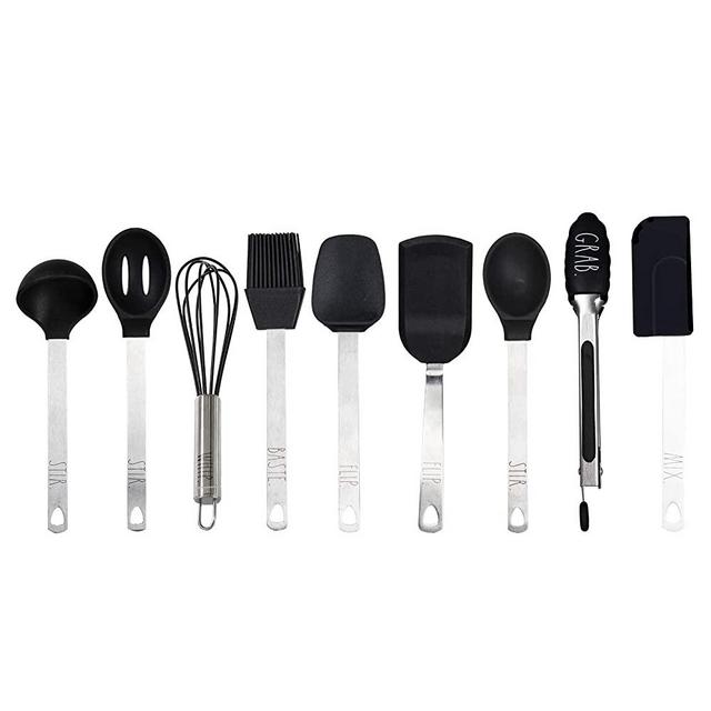 Rae Dunn Everyday Collection 9 Piece Mini Kitchen Utensil Set, Stainless Steel and Silicone Kitchen Tools- by Cook with Color (Black)