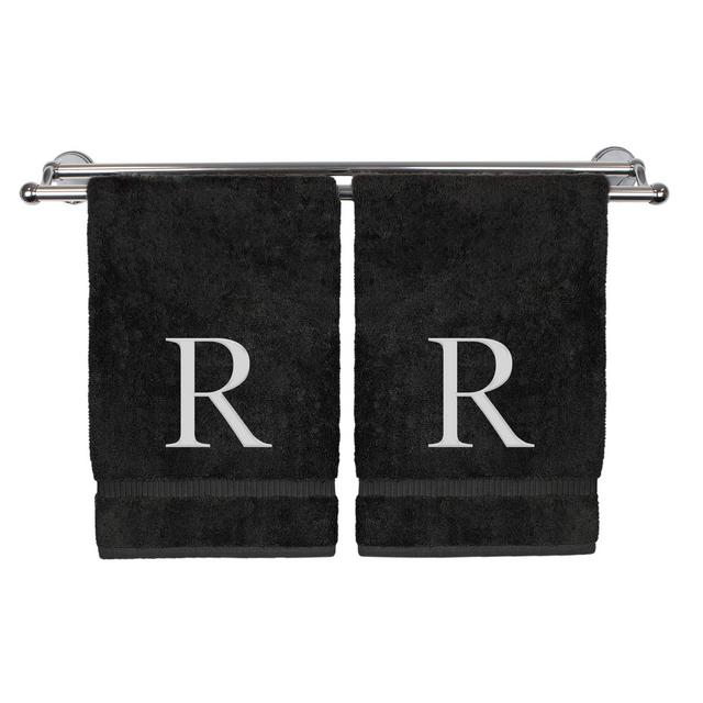 Monogrammed Hand Towel, Personalized Gift, Set of 2- White Block Letter Embroidered Towel - Extra Absorbent 100% Turkish Cotton - Soft Terry Finish - Initial R Black