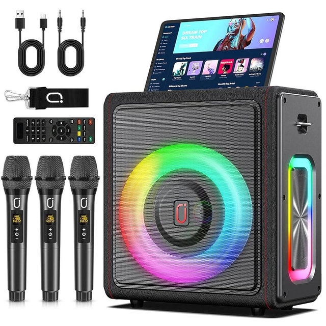 Karaoke Machine with 3 Wireless Mics | Bluetooth 5.3 Speaker with Echo Adjustment & Auto Pitch Correction | PA System with RGB Lights, Supports TV/TF Card/USB/AUX/Live/REC for Home Parties