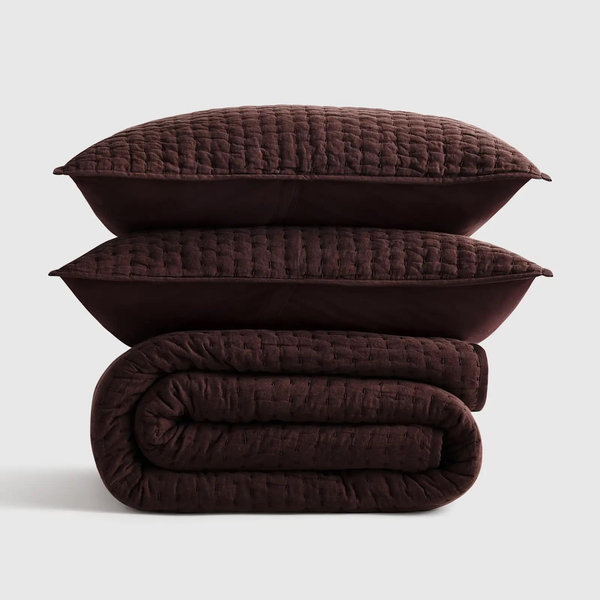 European Linen Cotton Stitch Quilt Set - Espresso, King/Cal King