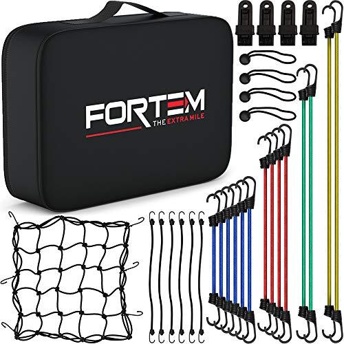 FORTEM Bungee Cords With Hooks, 29pc Set, Canopy Ties, Tarp Clips & Ball Bungees, Plastic Coated Metal Hooks, Cargo Net, Heavy Duty