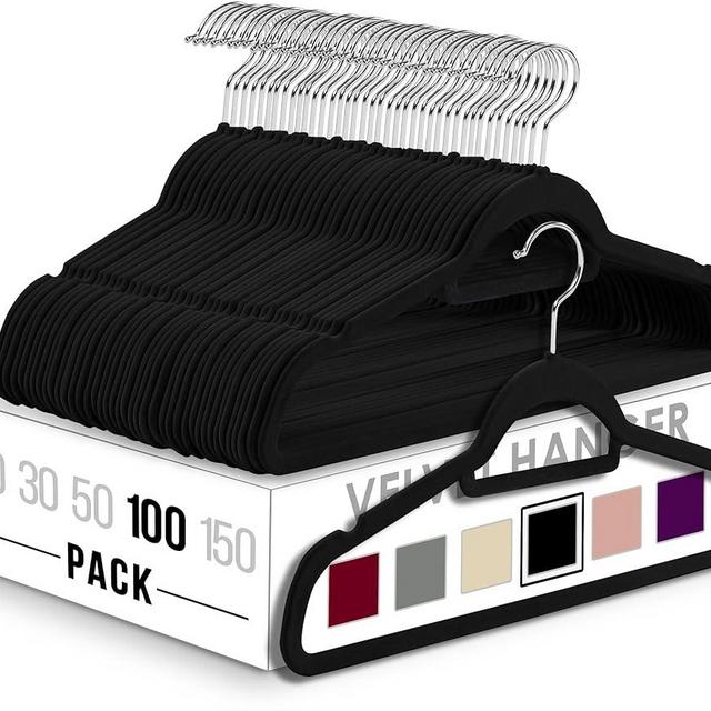 Utopia Home Premium Velvet Hangers 100 Pack - Non-Slip Clothes Hangers with Tie Bar - Black Hangers - Standard Hangers with 360 Degree Rotatable Hook - Heavy Duty Coat Hangers