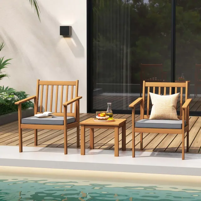 Costway 3 PCS Patio Wood Furniture Set Acacia Wood Chairs & Coffee Table with soft Cushions Grey