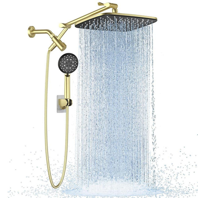 Veken 11.8" Rain Shower Head with Handheld, High Pressure Handheld Shower with Multi Spray Modes, Rainfall Combo with Metal Extension Arm, Detachable Dual Showerhead, Bathroom Decor, Gold