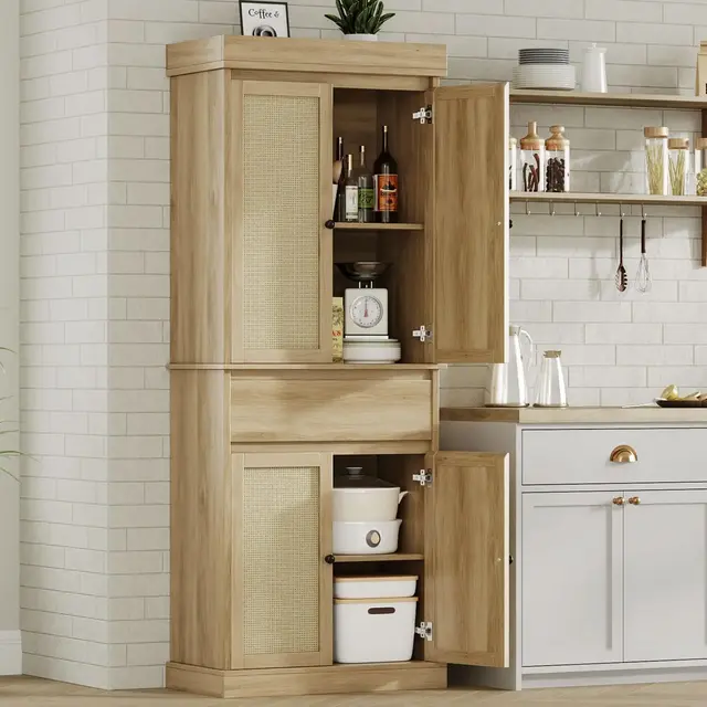 Kitchen Pantry Cabinet, Tall Storage Cabinet with Rattan Doors and Adjustable Shelves, Freestanding Cupboard with Drawer