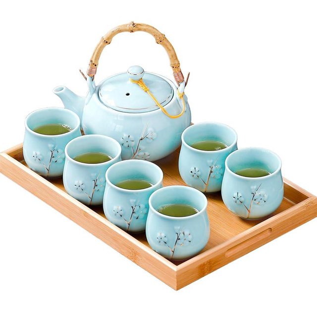 REOWONU Japanese Tea Set with 1 Teapot(23 oz/660ml), 6 Tea cups(5.3 oz/150ml), 1 Tea Tray, 1 Stainless Infuser, Golden plum blossom relief,Chinese gungFu tea set (Golden plum-Blue)