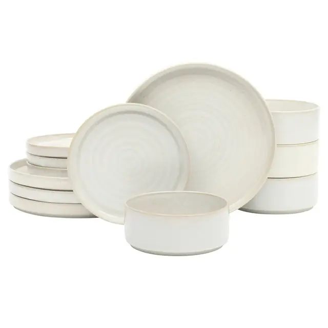 Gibson Elite Echo Bay 12 Piece Porcelain Reactive Glaze Ceramic Plates and Bowls Modern Stackable Dinnerware Set White