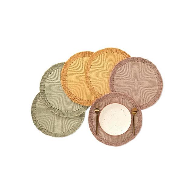 Folkulture Round Placemats Set of 6, 100% Cotton Boho Place mats, Heat Resistant Anti-Slip Woven Placemats, Washable Place Mats or Rustic Table mats or Table Placemats, 12" Dia - (Meadows)