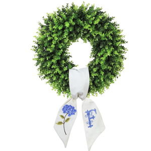 Boxwood Wreath for Front Door Spring Summer Wreaths Farmhouse Door Hanger,Last Name Year Round Porch Decor,20 inch Multi Occasion use Wreath with Personalized Monogram sash Embroidered -20 (F)