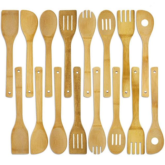 DEAYOU 16 PCS Bamboo Kitchen Utensils, Wood Spoons Spatula Set for Cooking, Nonstick Natural Cooking Utensils for Cookware, Wok, Everyday Use, Mothers Day Gifts, Housewarming Gifts