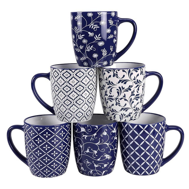 Schliersee 18 OZ Coffee Mugs Set of 6, Large Ceramic Mug for Man Woman, Blue Geometric Floral Porcelain Cup for Latte, Hot Tea, Cappuccino, Mocha, Cocoa, Housewarming Wedding Mug Present