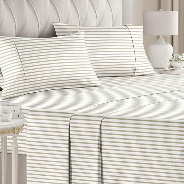 Striped Bed Sheets - Pin Striped Sheets - Beige Sheets - Tan Striped Sheets - King Striped Sheets - Hotel Luxury Bed Sheets - Deep Pockets - Breathable & Cooling Sheets - Breathable & Cooling
