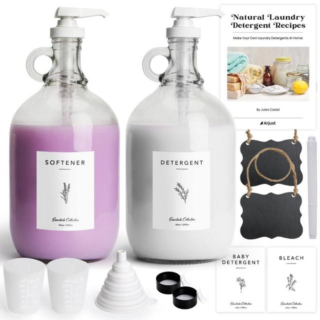 Arjust Glass Liquid Laundry Detergent Dispenser - Laundry Detergent Dispenser for Soap Bleach Softener - 2 Half Gallon Laundry Detergent Bottles - Includes Labels Funnel Cup Chalkboard and eBook