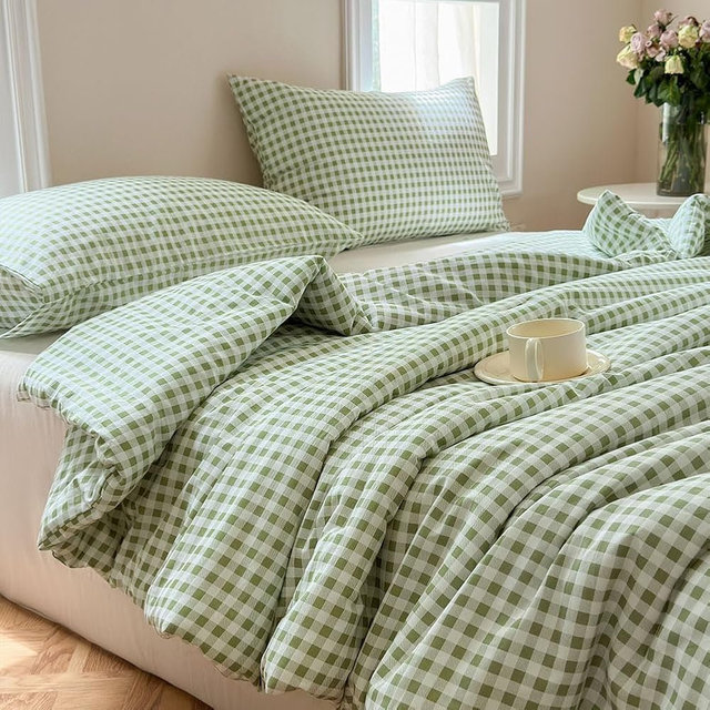 NSNLGSGC Sage Green Gingham Cotton Comforter Set Queen, 100% Washed Cotton Green Plaid Checked Comforter Bedding, 3 Pieces Vintage Farmhouse Grid Bedding Set(Sage Green Gingham, Queen)