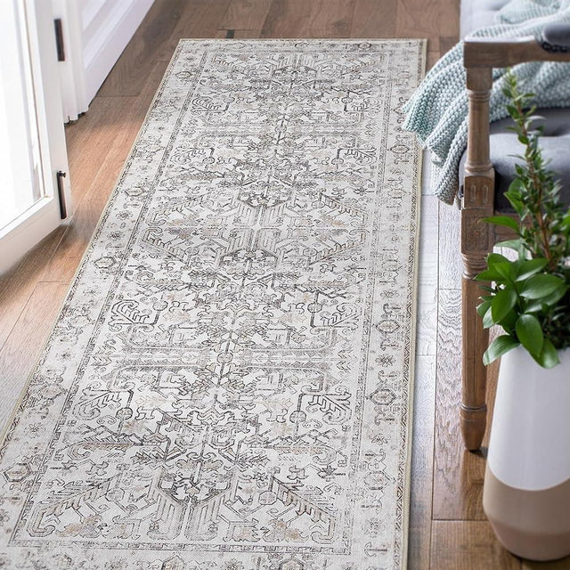 jinchan Kitchen Runner Rug 2x5,Bohemian Hallway Rug Washable Rug Floral Runner Non Slip with Rubber Backing Soft Thin Vintage Carpet Runner for Bedroom Bathroom Laundry Room Living Room Decor Taupe