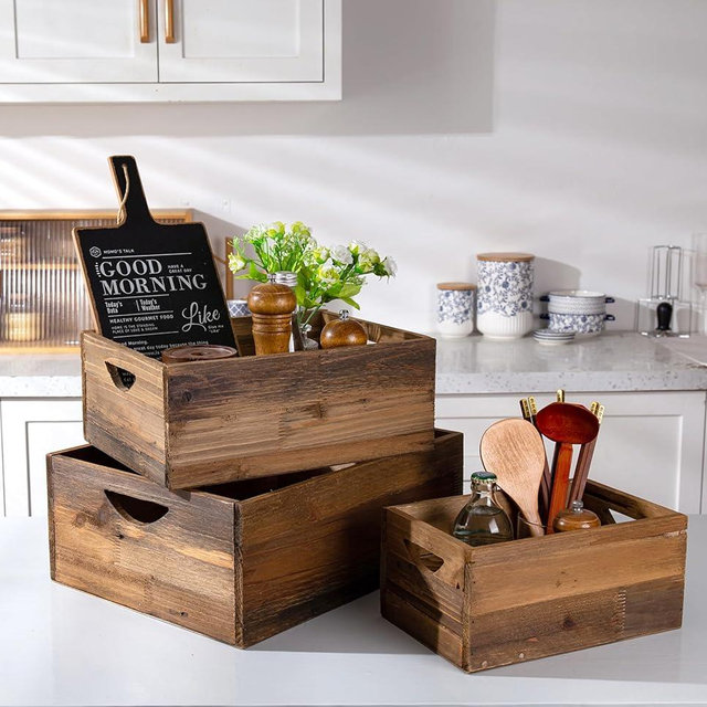 TIMRIS Set of 3 Rustic Distressed Wood Nesting Crates, Farmhouse Decorative Wooden Storage Boxes, Vintage Reclaimed Wood Baskets for Display (Natural)