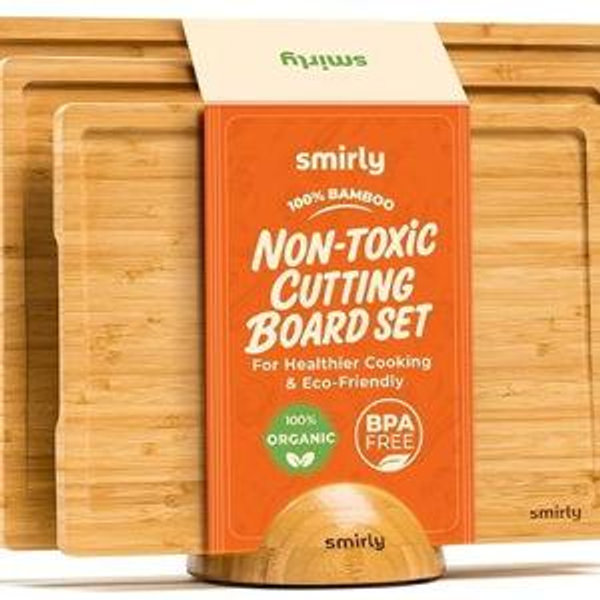 SMIRLY Wooden Cutting Boards For Kitchen Meal Prep & Serving - Bamboo Cutting Board Set with Holder, Charcuterie & Chopping Board, Wood Cutting Board Set, Kitchen Gadgets, 3-Pack with Holder; Color: NATURAL BAMBOO