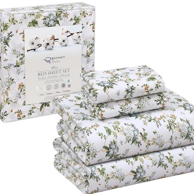 RUVANTI 100% Cotton Full Size Bed Sheets, 4 Pieces, Soft & Breathable Percale Weave Bedding, Deep Pocket 16", Hotel Standard, Crisp Cool Feel, Durable, Perfect Sheet Set Floral, Heritage