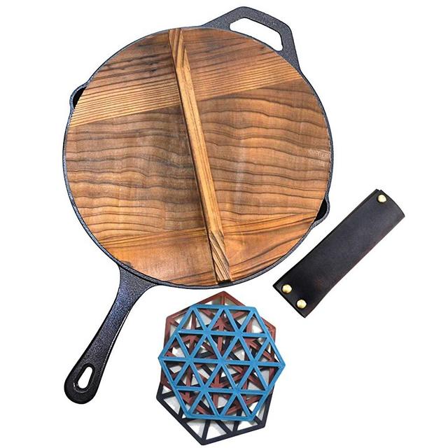 IRONSTEN Cast Iron Skillet With Lid 12 Inch Long Handle With Leather Handle Covers and Silicone Hot Pads - No Coating - Wooden Lid - Pre Seasoned Cast Iron Pan