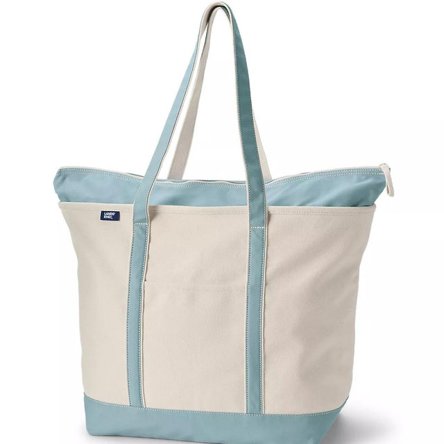 Extra Large 5 Pocket Zip Top Long Handle Canvas Tote Bag- Pale Teal