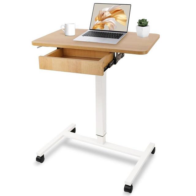 CLATINA Mobile Laptop Standing Desk, Height Adjustable Teacher Podium with Lockable Wheels, Adjustable Work Table with Drawer, Computer Cart Overbed Table for Home Office Classroom, Beige