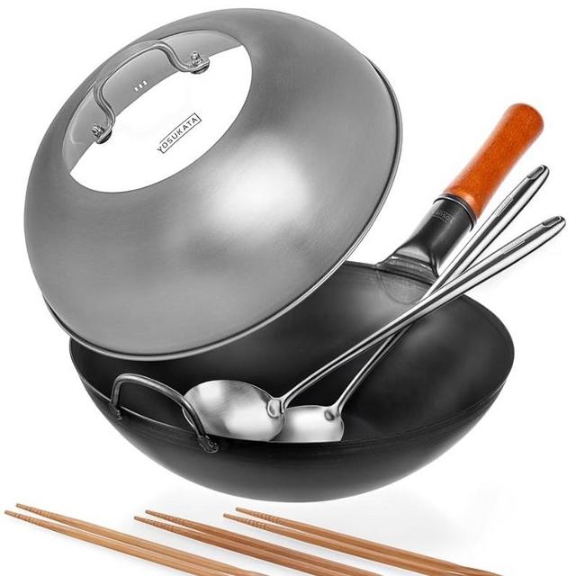 YOSUKATA Carbon Steel Wok Pan 13,5 “ + 17’’ Wok Spatula and Ladle + Wok Lid 12.8 Inch + Reusable Natural Wooden Long Cooking Chopsticks Set of 3 pairs: 11.8 inch, 13-inch, 14.2 inch