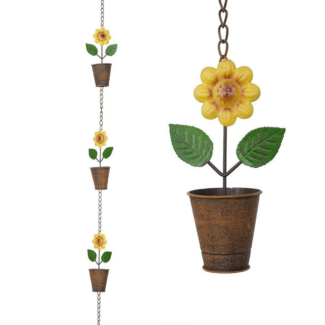 Alpine Corporation 76" H Outdoor Metal Sunflower Pot Rain Chains, Downsprout Rain Catchers Hanging Decor, Multicolor