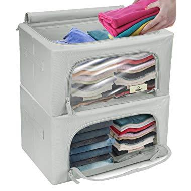 Sorbus Storage Bins Boxes, Foldable Stackable Container Organizer Basket Set with Large Clear Window & Carry Handles, for Bedding, Linen, Clothes (Small,Gray, 2-Pack)