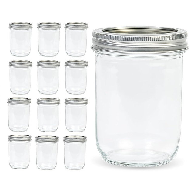 Lonriva 12 Pcs 16oz Wide Mouth Mason Jars, Glass Jars with Silver Metal Lids and Rings, Canning Jars for Overnight Oats, Food Storage, Dry Food, Snacks, Candies and More