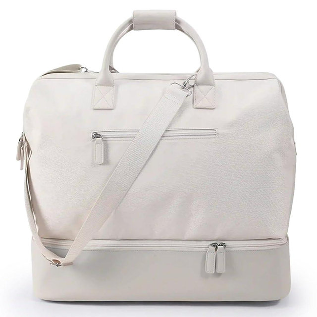 Nobl Travel Weekender Bag for Women & Men, Large Duffel Carry-On Tote with Trolley Sleeve, Separate Shoe Compartment & Laptop Pocket, Leather Overnight Bag for Airplane, Gym, Road Trips - Beige
