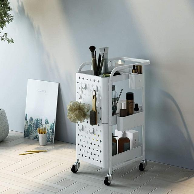 F&R 3-Tier Rolling Utility Cart with 2 DIY Pegboards, Metal Craft Cart with Lockable Wheels, 2 Storage Organizer Baskets and 4 Hooks, Accessory for Home, Office, Bathroom, Kitchen, White