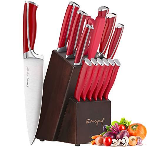 Emojoy Knife Set, 15-Piece Kitchen Knife Set with Block Wooden, Red Handle for Chef Knife Set, Kitchen Knives Sharpener and Scissors German Stainless Steel
